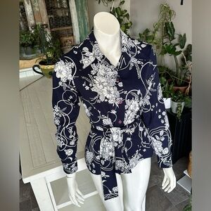 ⭐️HOST PICKED⭐️ Vintage blue,white floral button long sleeve blouse,tie 1970s